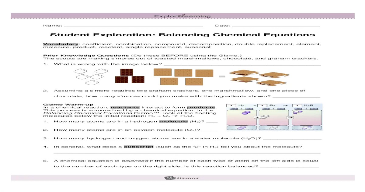 Gizmos student exploration balancing chemical equations