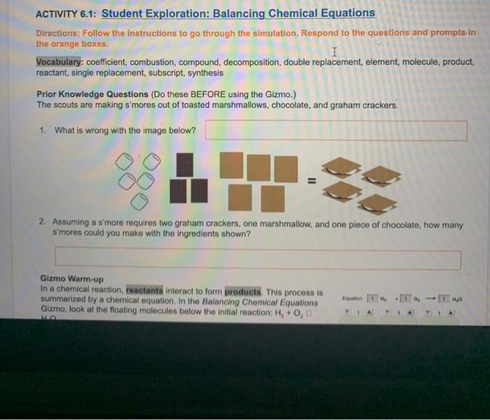 Gizmos student exploration balancing chemical equations